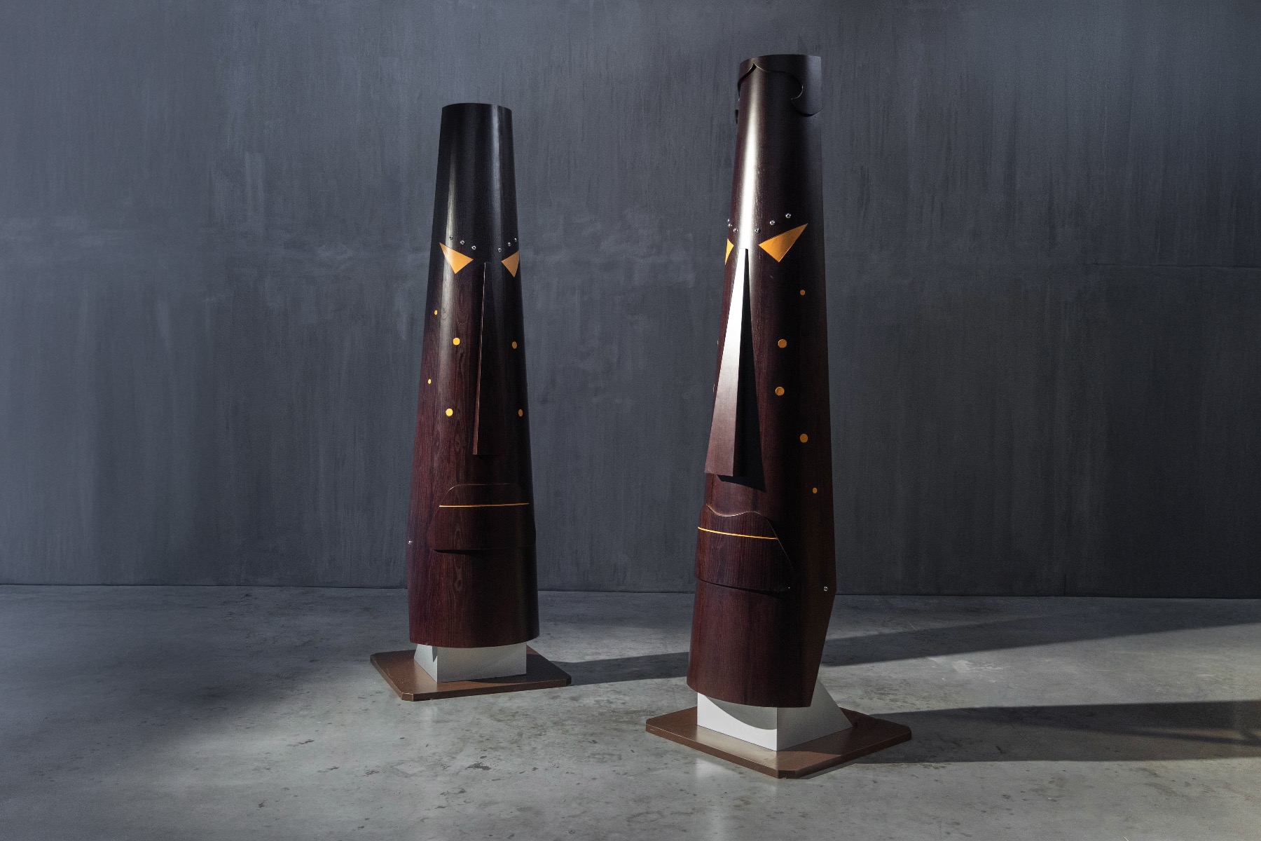Abstract totem sculptures created by Bianca Garinei in the 1970s