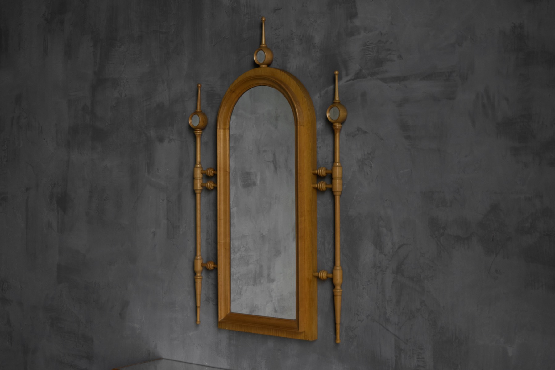 Architectural revival vanity mirror from France, 1960s with arched wooden frame