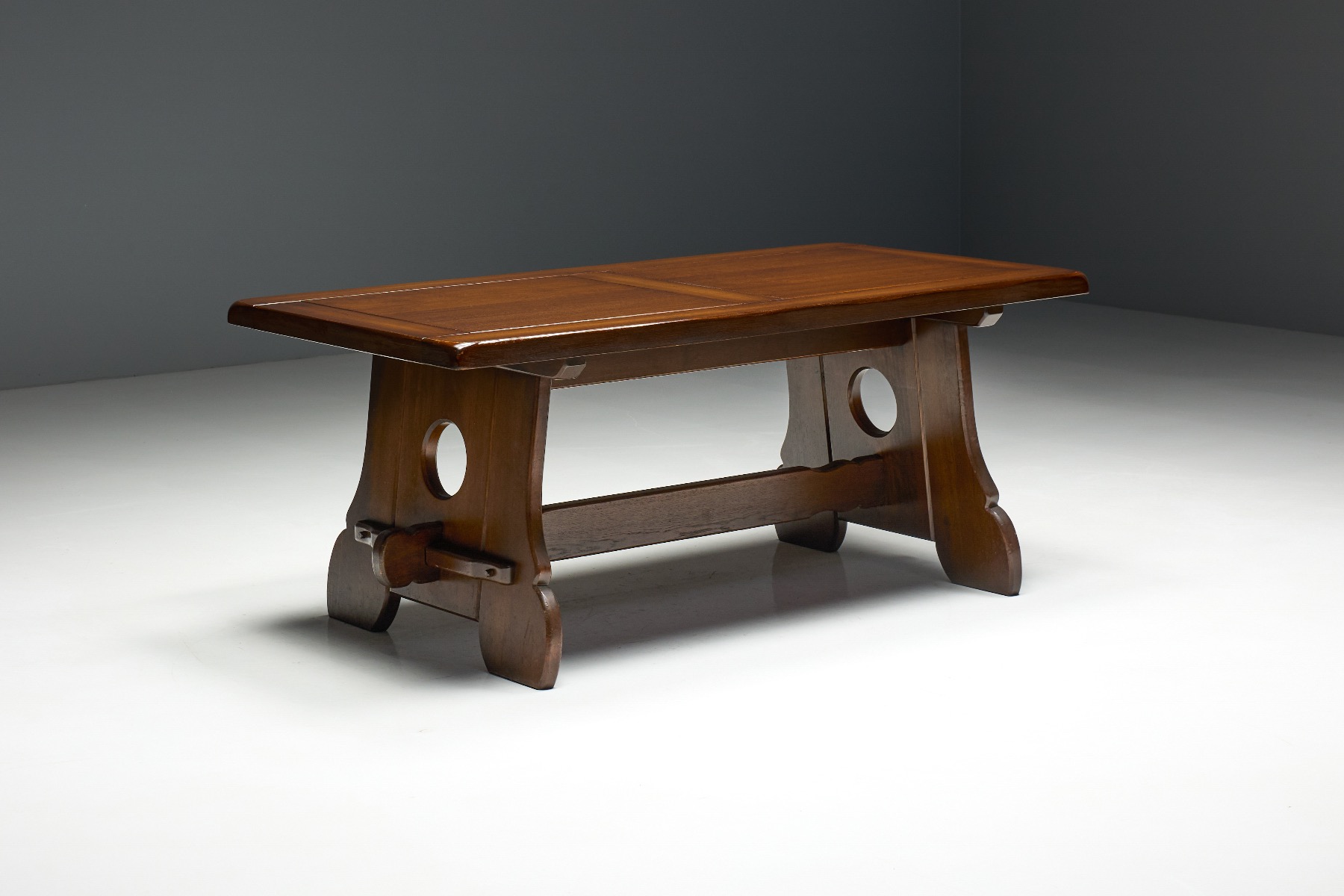 Brutalist rustic Alpine dining table in stained oak 1970s