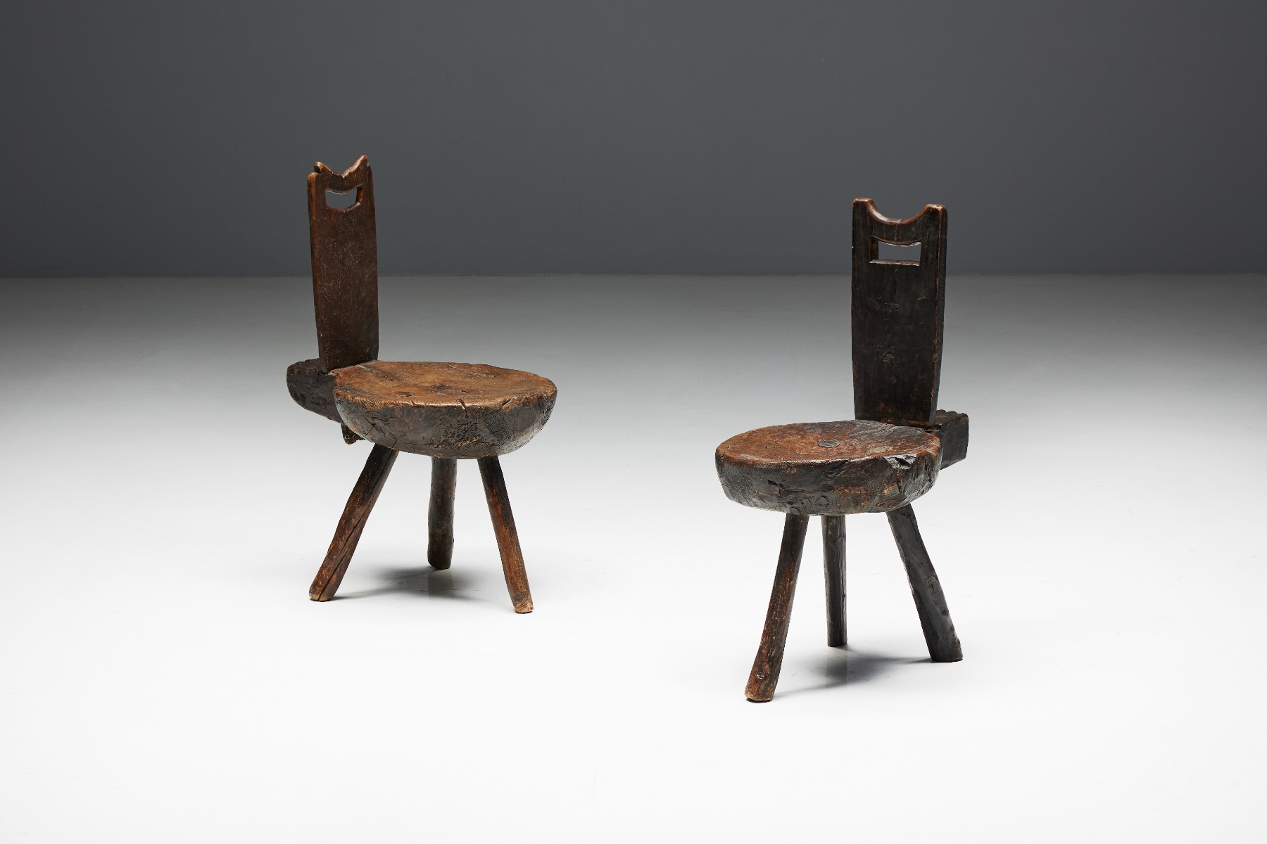 Brutalist wabi sabi tripod alpine chairs from the nineteenth century