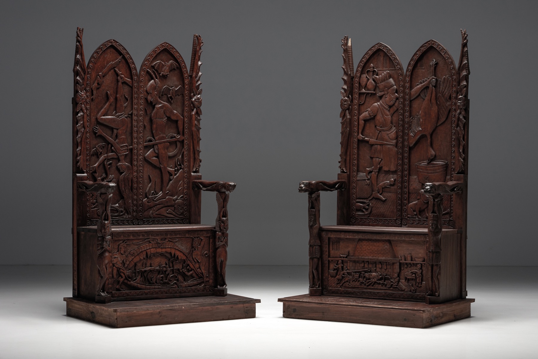Carved throne chair with relief design from the twentieth century