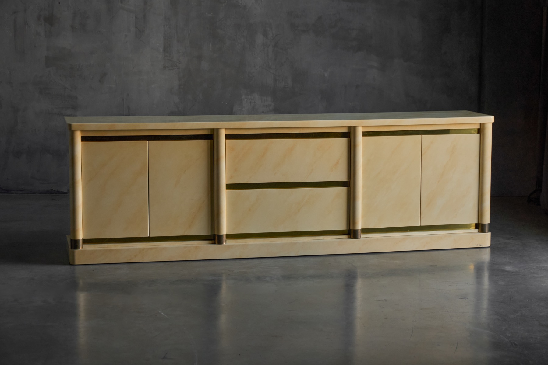 Faux marble lacquered sideboard designed by Jean Claude Mahey, 1970s