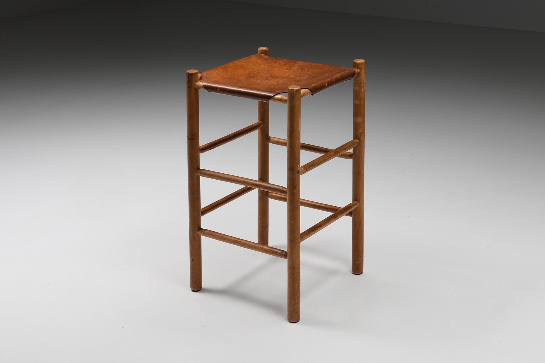 French wood and leather barstool from the 1950s