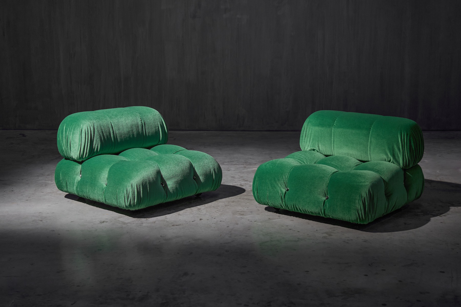 Green velvet Camaleonda lounge chairs designed by Mario Bellini for B&B Italia in the 1970s