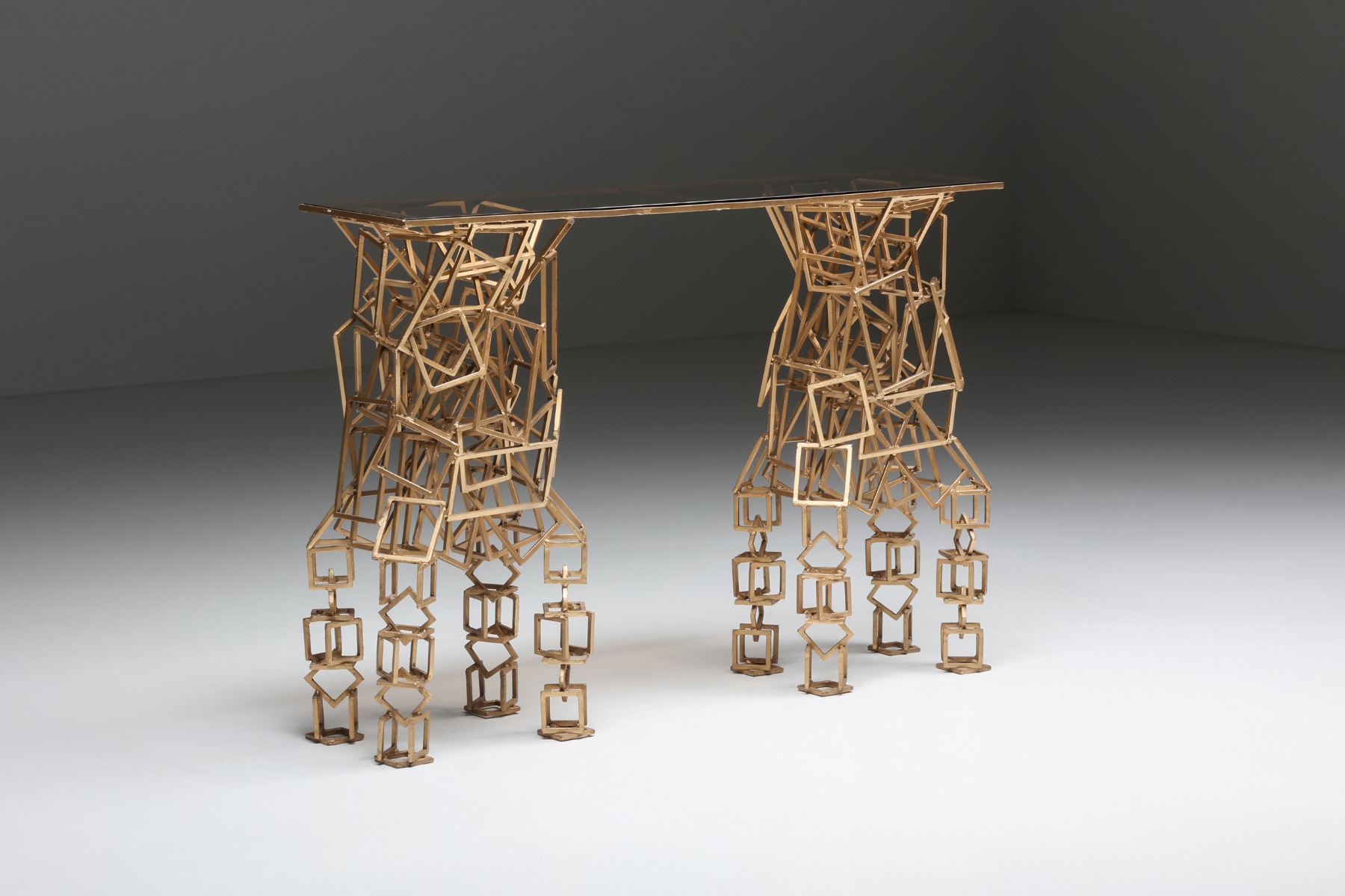 Handcrafted console table in gilded iron from the 1970s