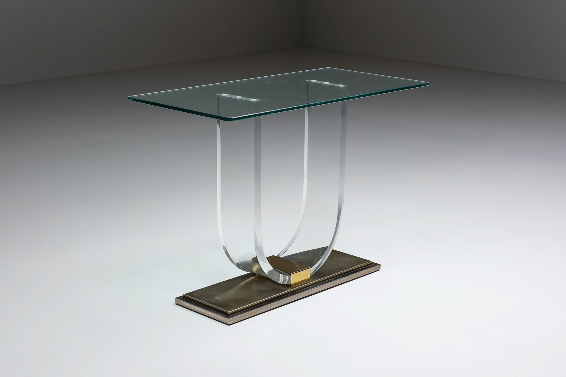 Lucite brass console table for Belgo Chrome from the 1970s