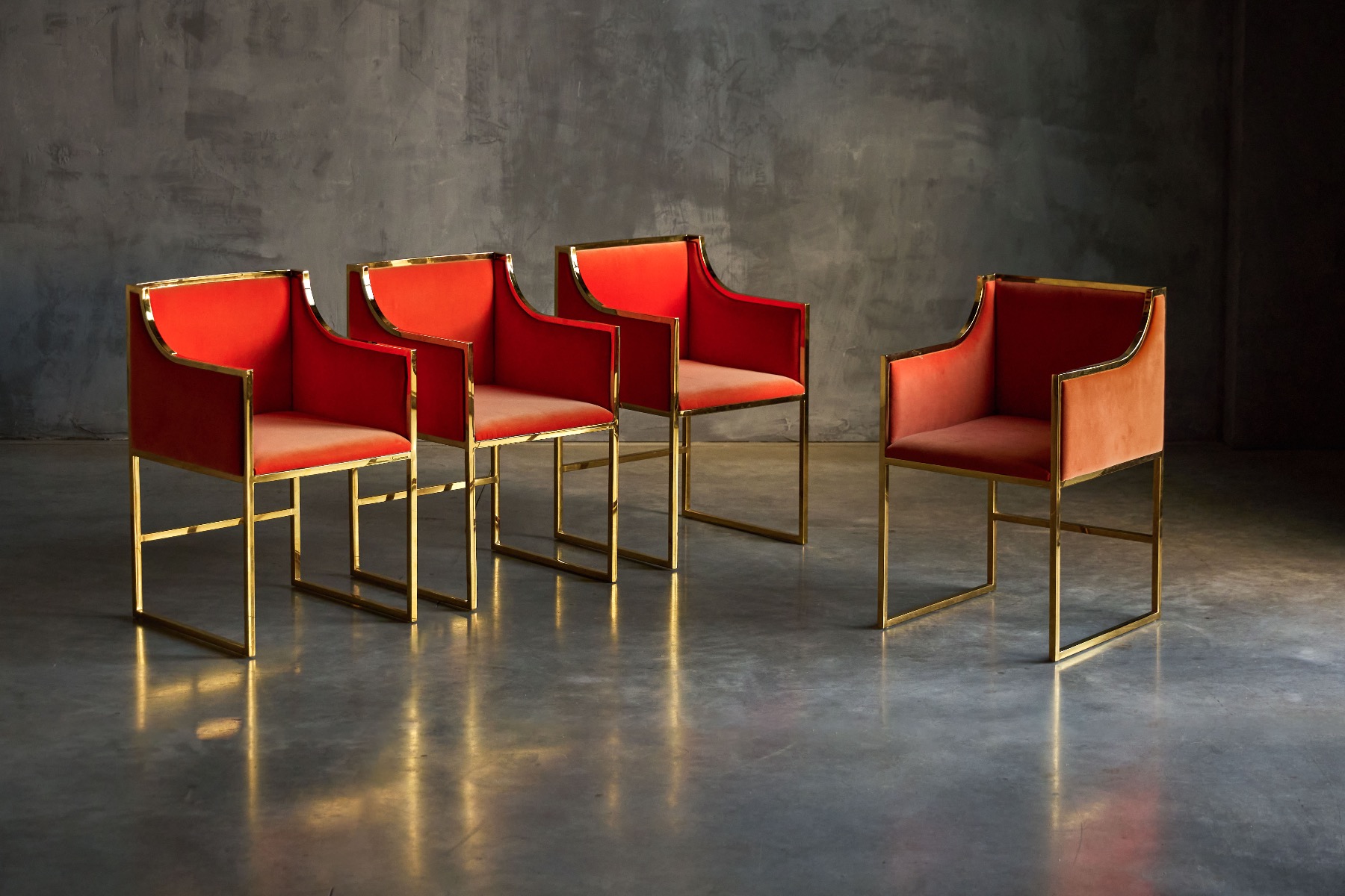 Maison Jansen dining armchairs in brass and orange velvet from the 1980s