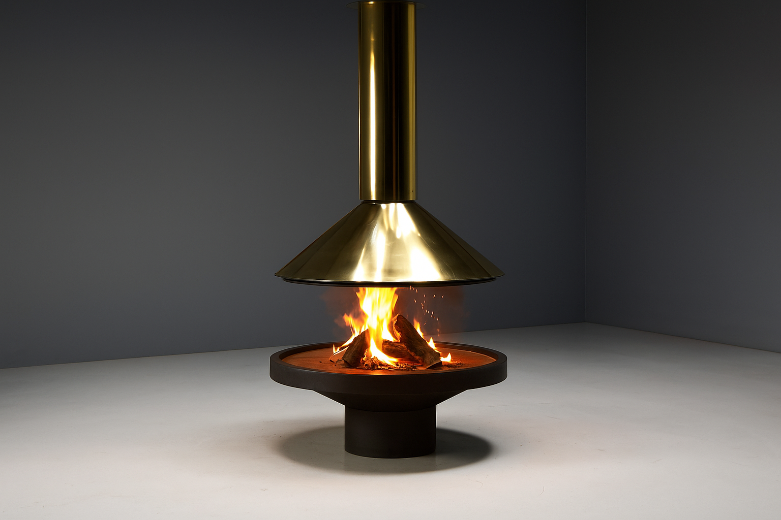 Mid century freestanding brass fireplace dating to 1975