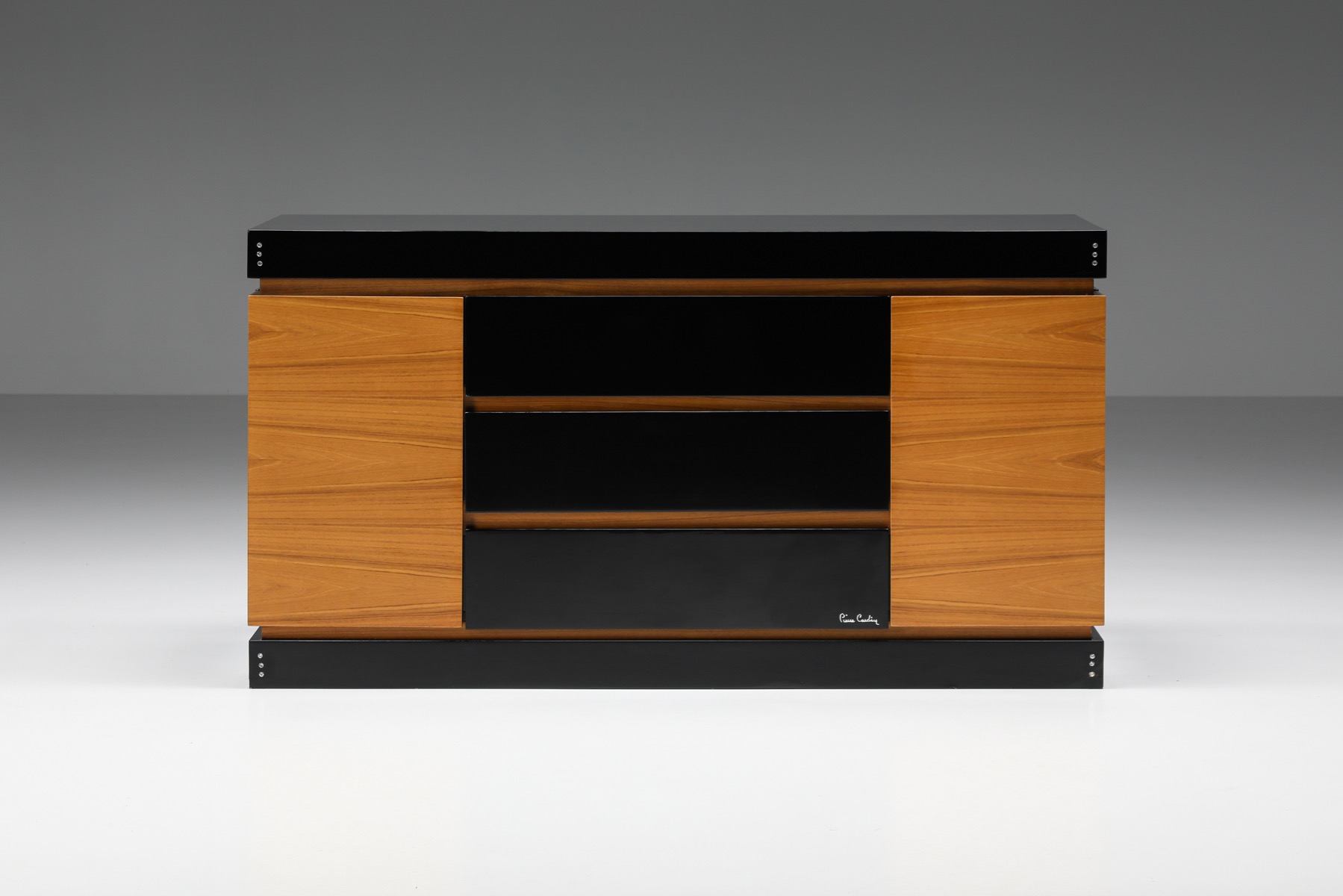 Pierre Cardin black lacquer and teak drawer cabinet from the 1970s