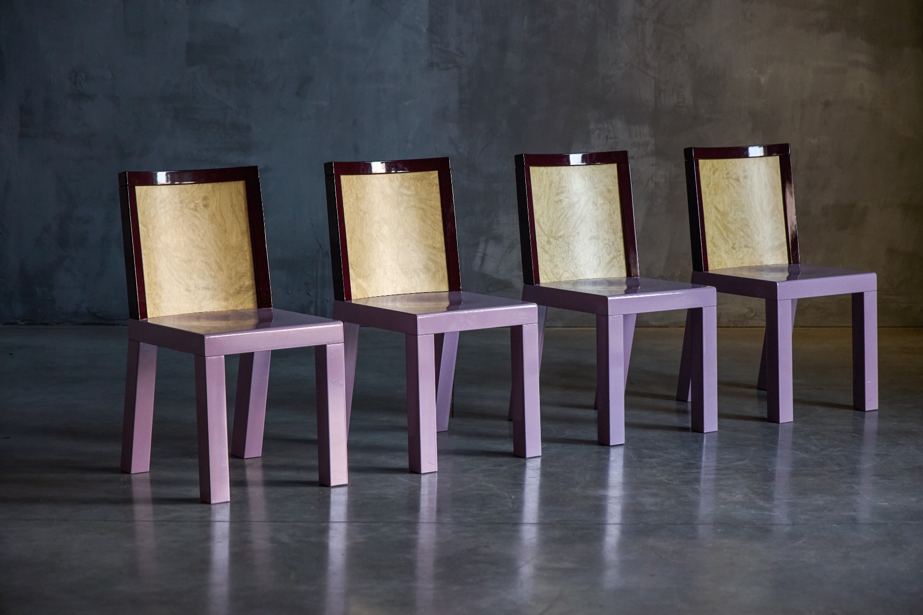 Pink postmodern dining chairs designed by Ettore Sottsass for Leitner in the 1980s