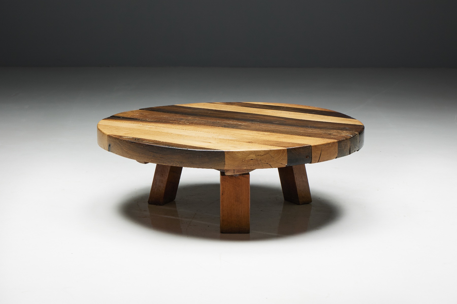 Round artisan wooden coffee table from the 1950s