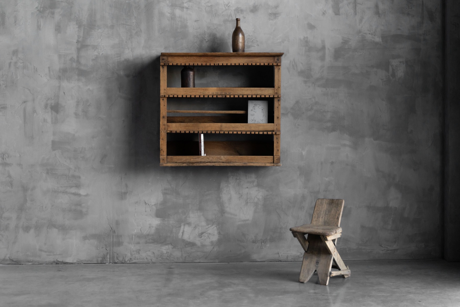 Rustic Art Populaire wall mounted shelf from France, 19th century with open compartments