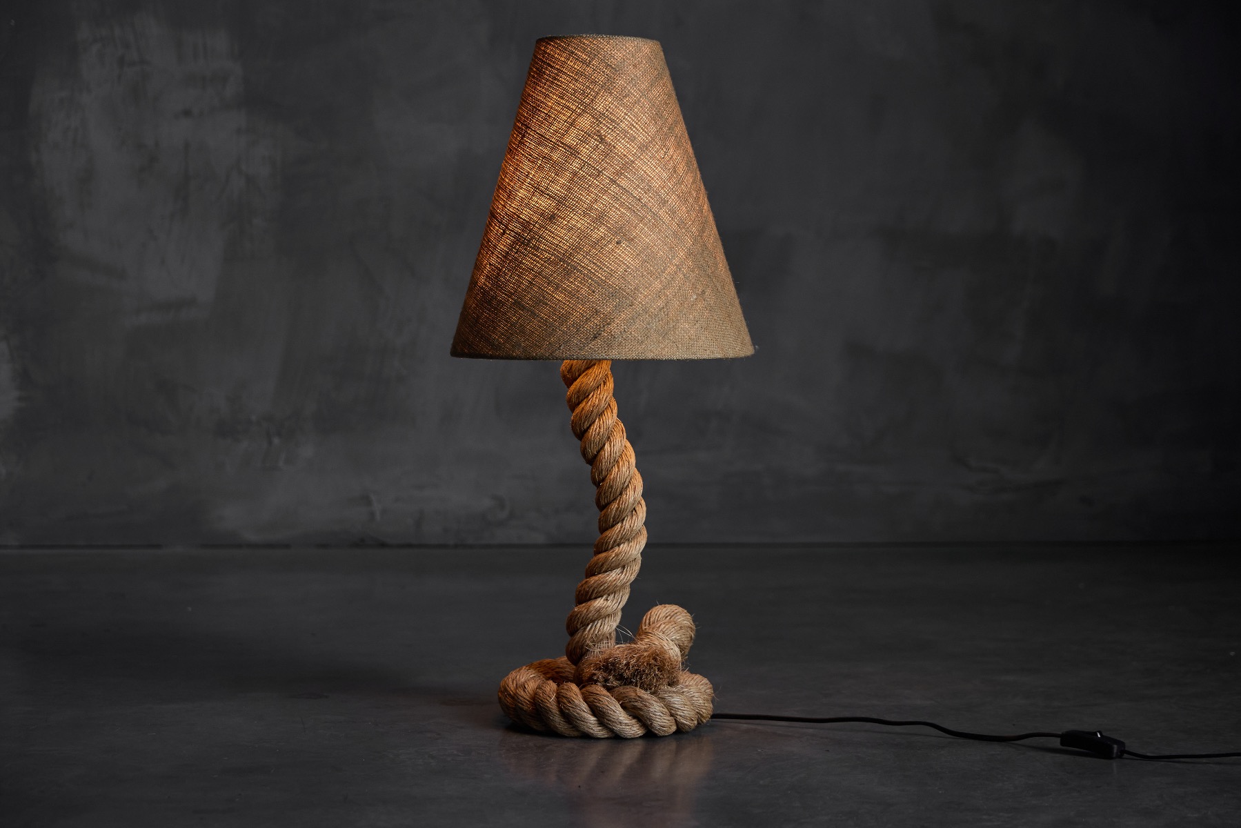 Rustic rope floor lamp with jute shade from the 1970s