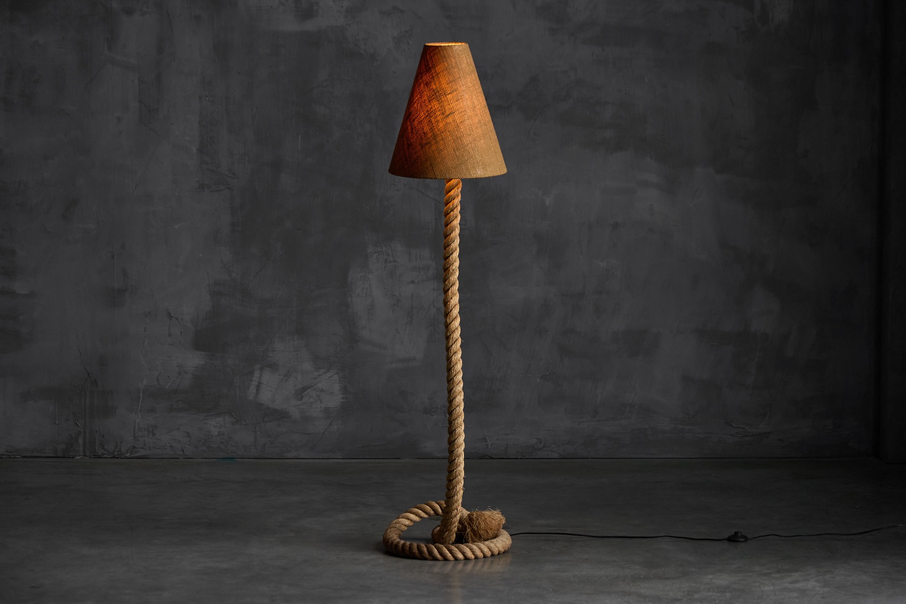 Rustic rope floor lamp with jute shade from the 1970s