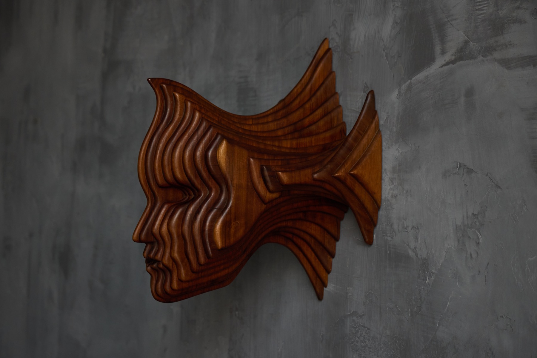 Sculptural carved wooden mask wall panel from France, 1970s