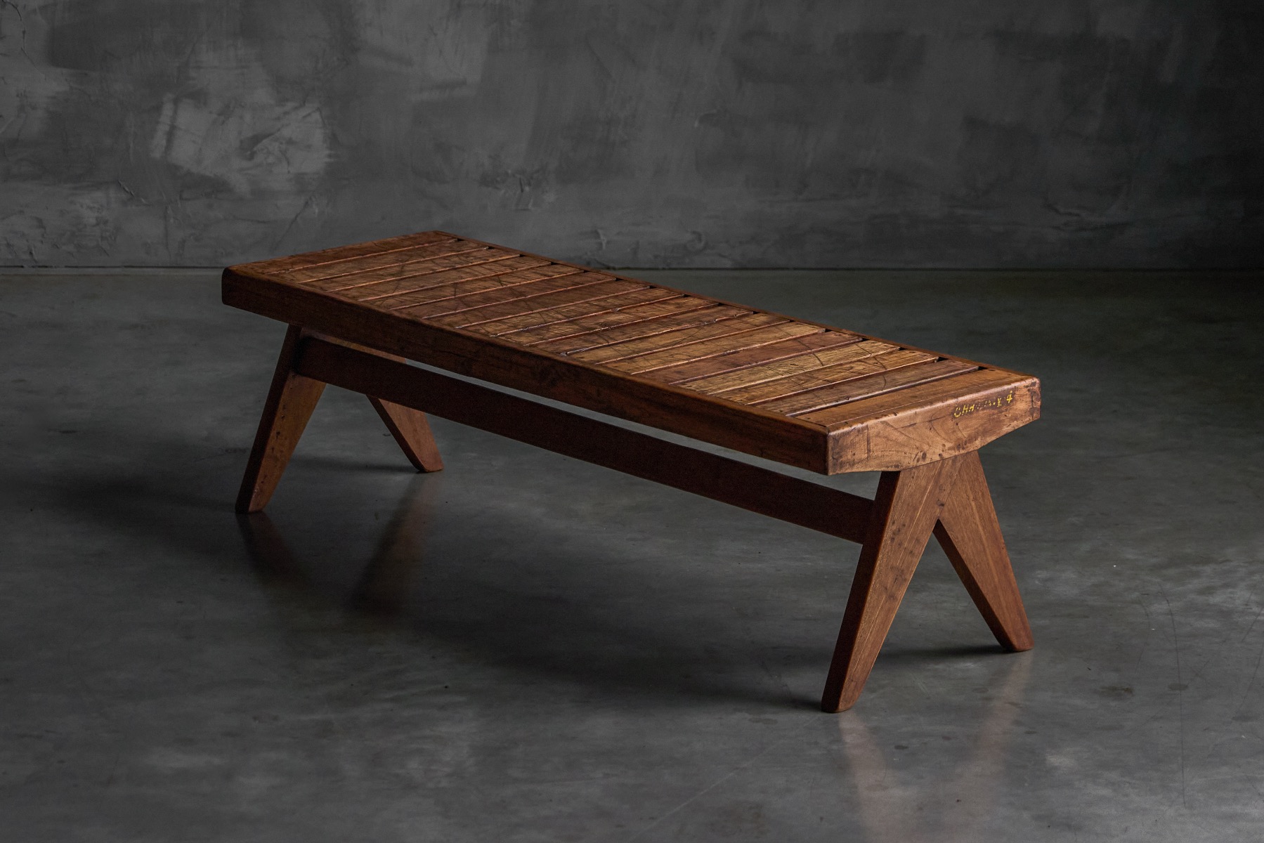Solid teak slatted bench designed by Pierre Jeanneret, 1950s