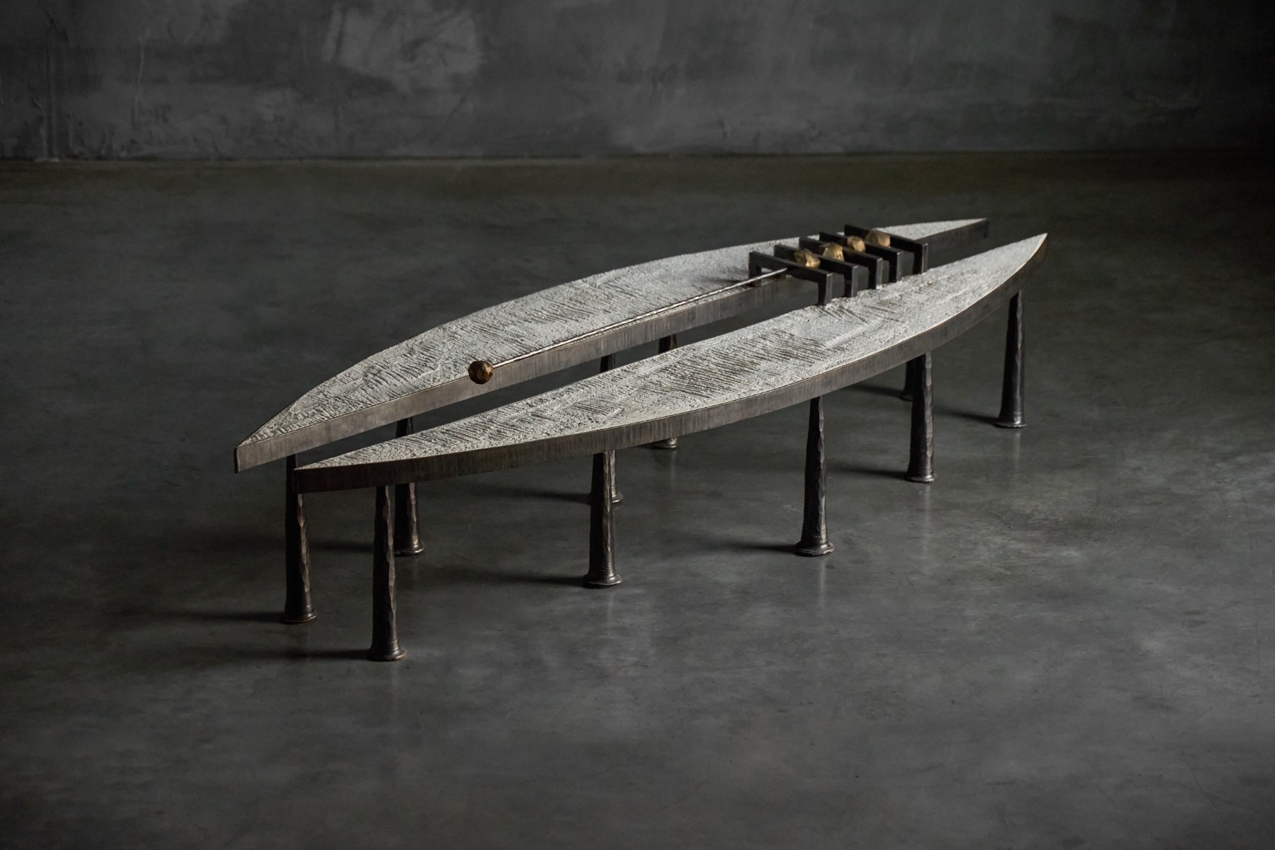 Brutalist coffee table in steel and stone designed by Thomas Serruys in 2019