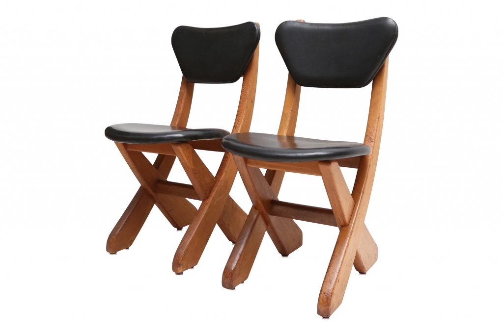 Scandinavian Pine And Leather Chairs - 1960s