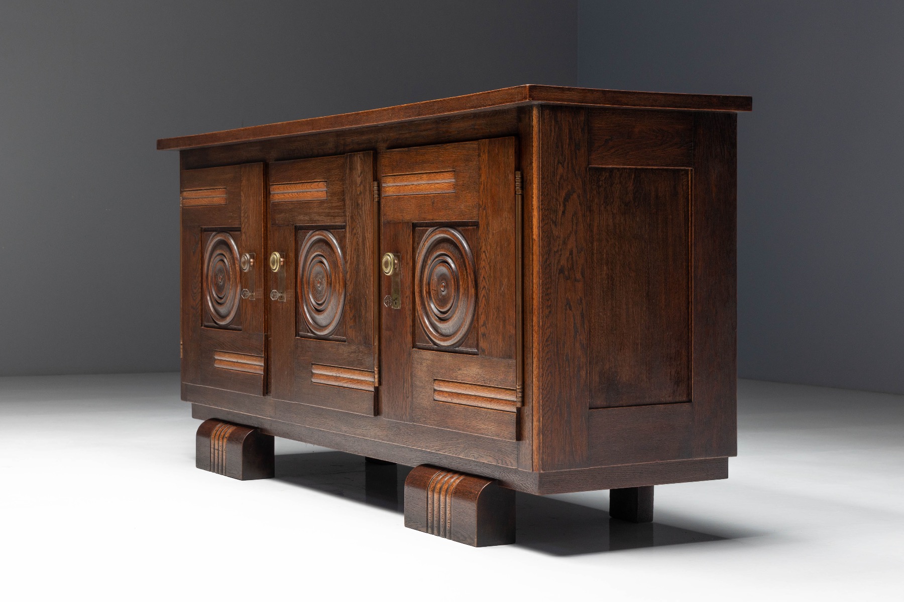 Art Deco sideboard with brass hardware contrast oak