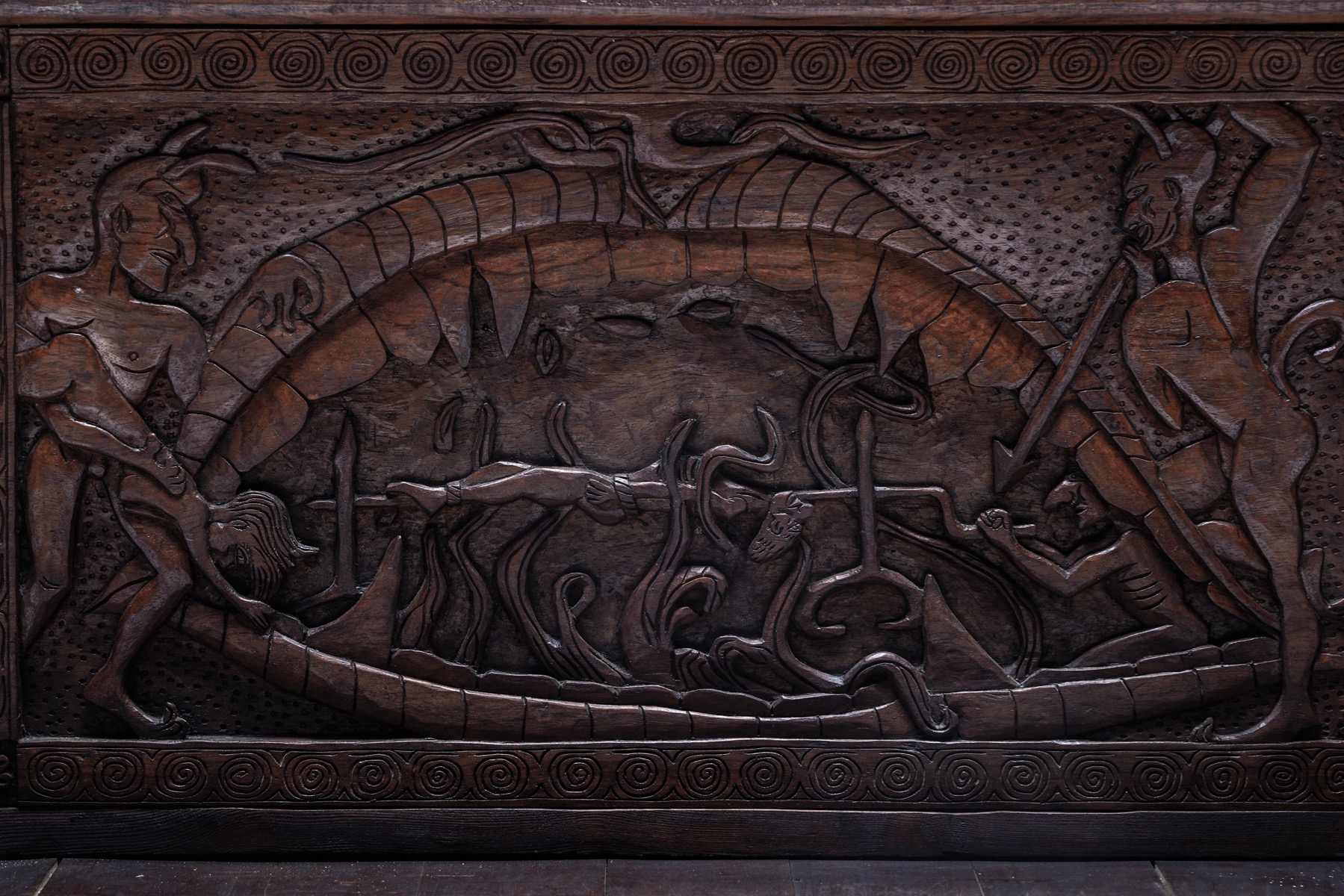Impressive throne chair with relief wood carving