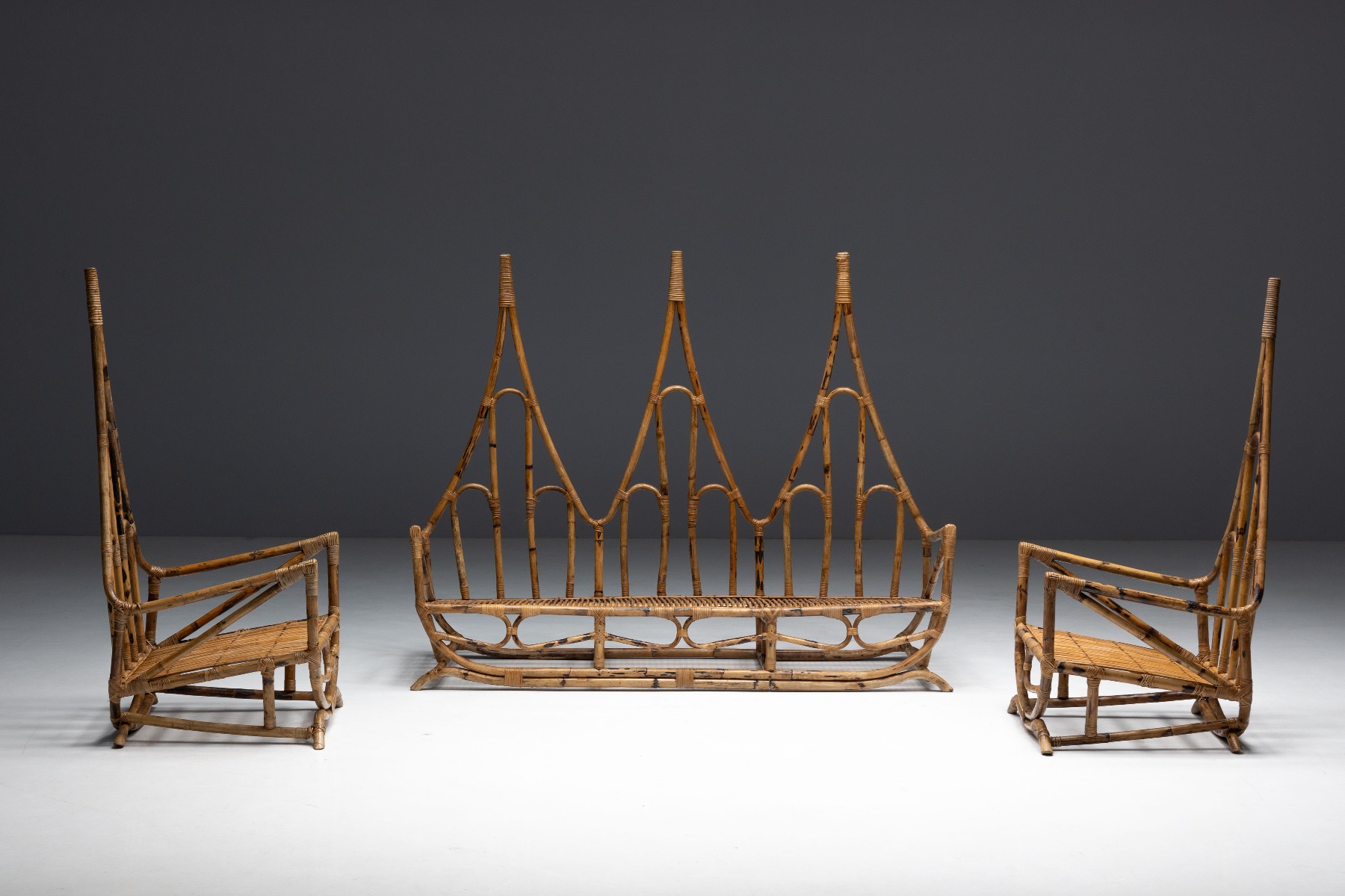 Museum level sculptural bamboo lounge chairs from the 1960s