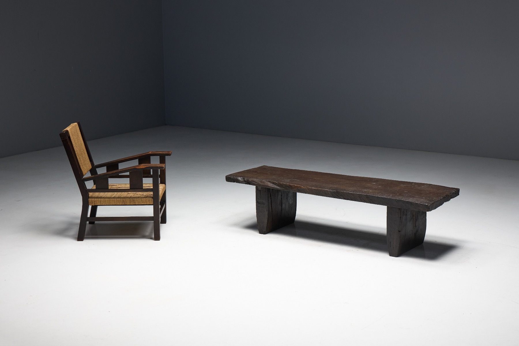 Rural folk rustic coffee table with primitive proportions
