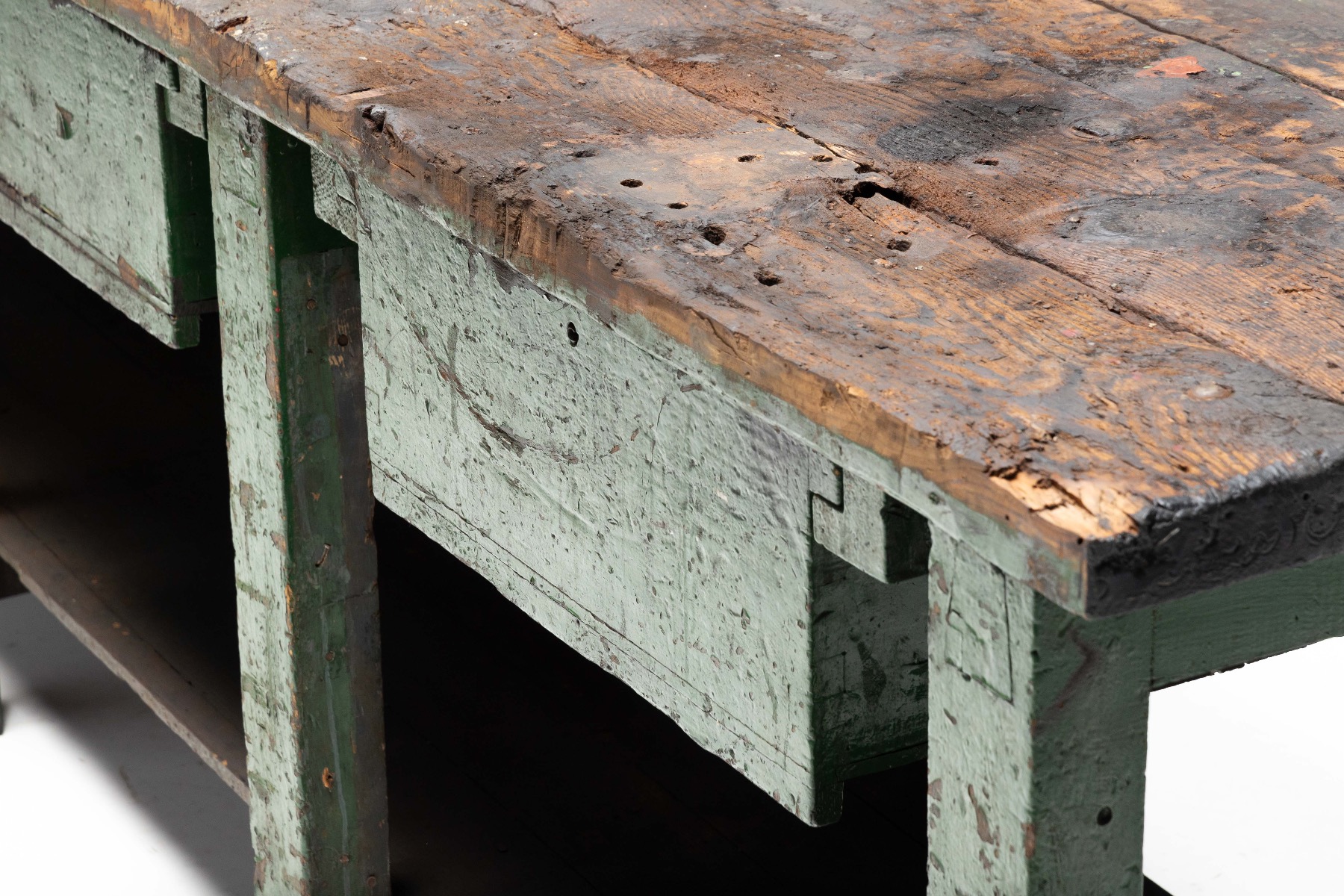 Collectible antique industrial workbench with original character