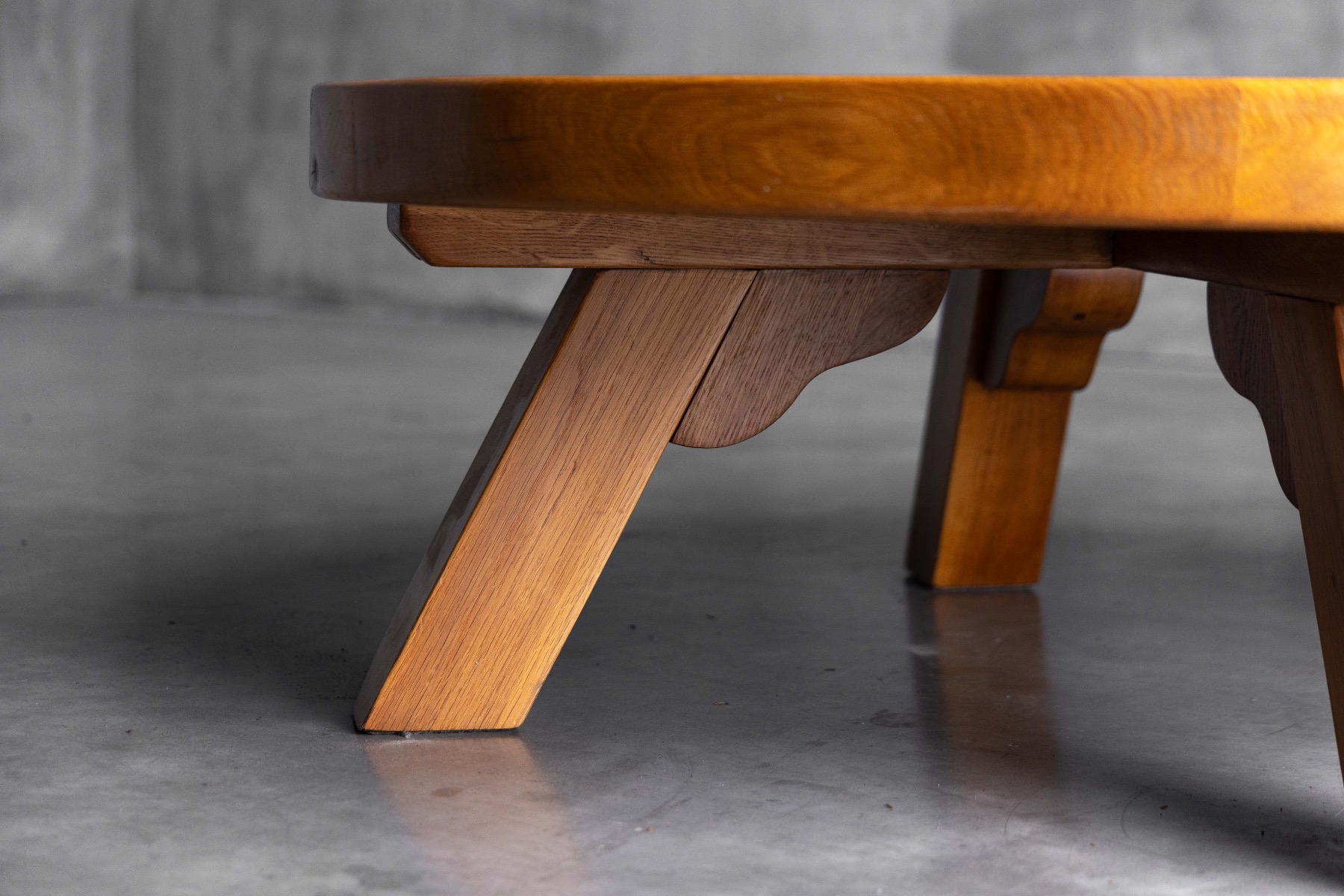 1950s brutalist oak round coffee table with sculptural form