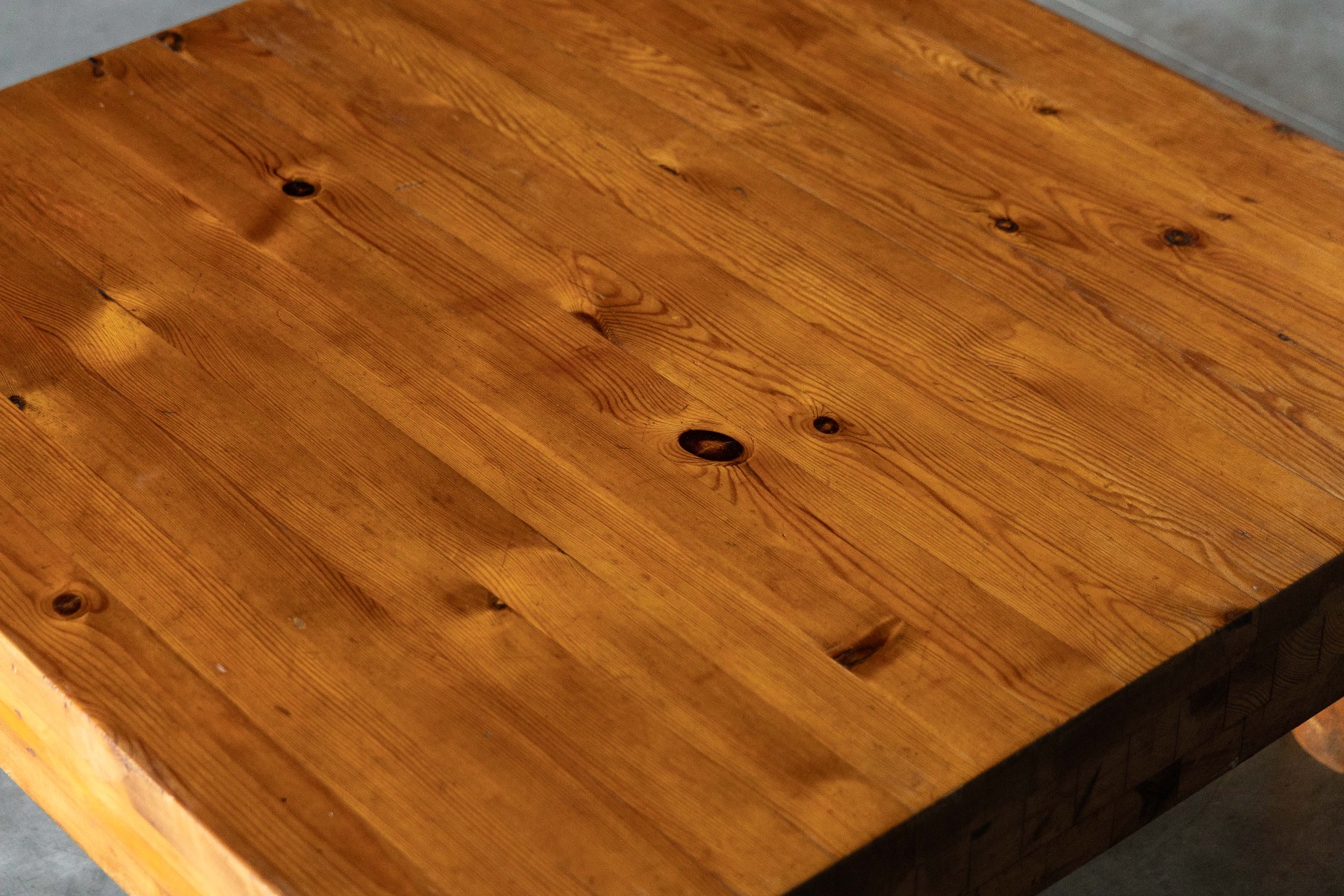 1960s brutalist pine low coffee table with architectural form