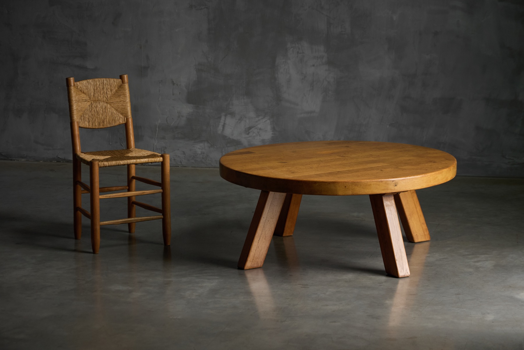1960s brutalist round coffee table crafted in solid wood