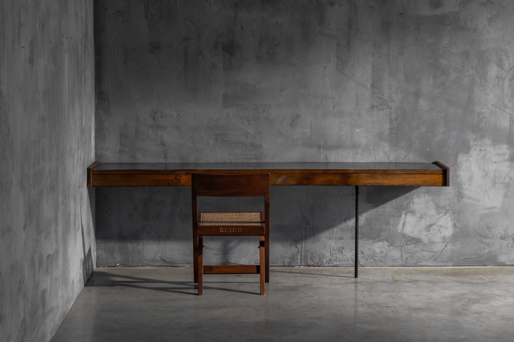 1960s modernist wall console table with wood frame and black Formica top 