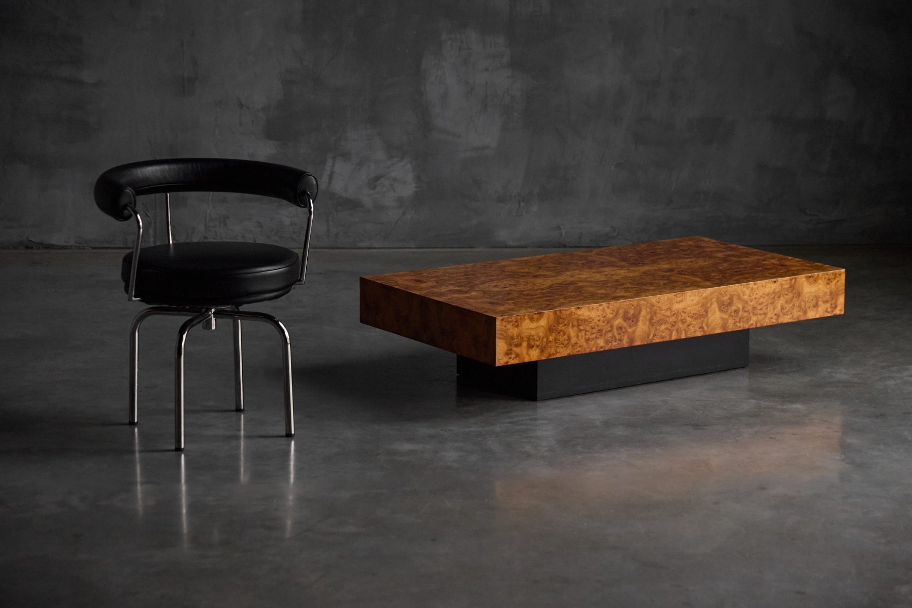 1970s burlwood coffee table inspired by Willy Rizzo design