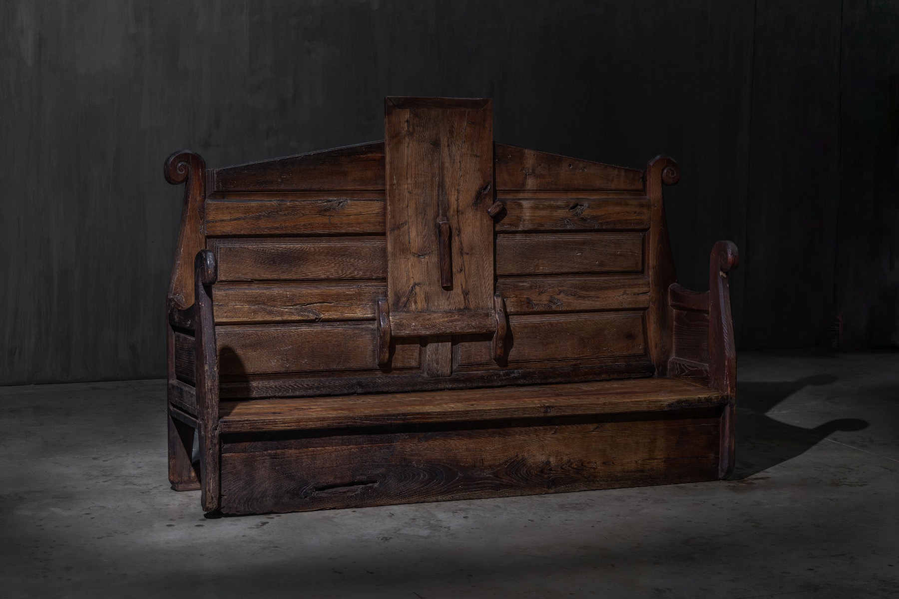19th century monastery bench with integrated folding tabletop