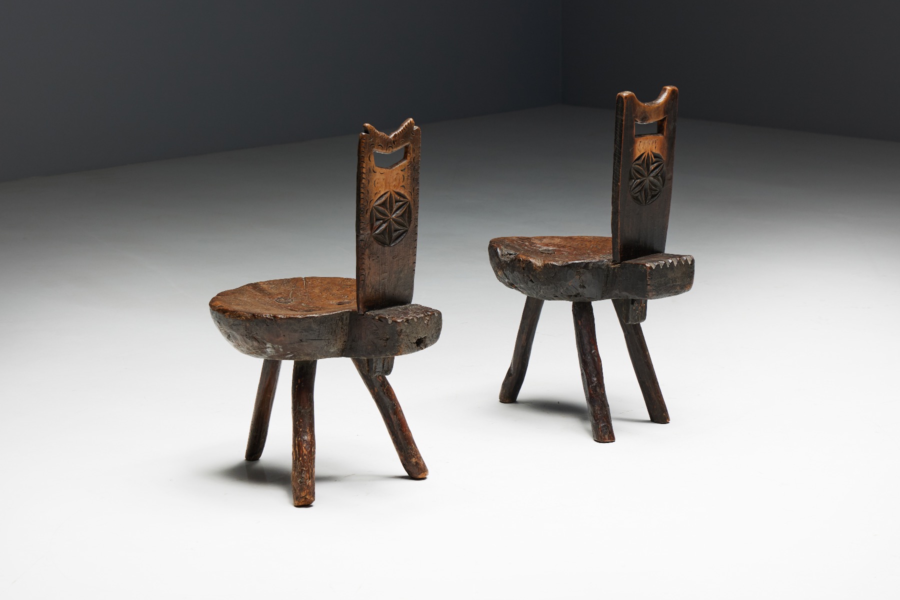 Antique alpine tripod chairs in solid wood