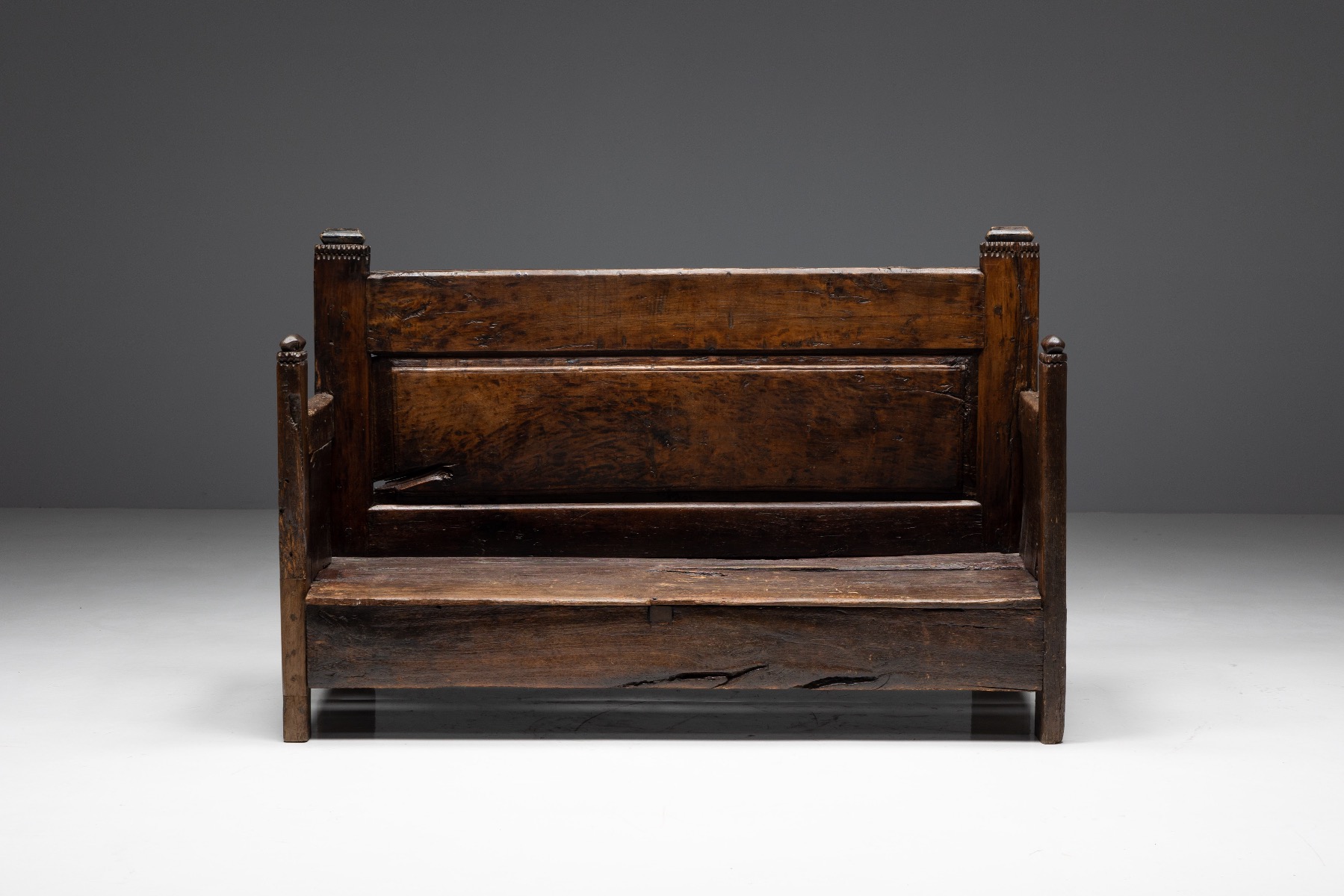 Antique French folk bench in solid wood