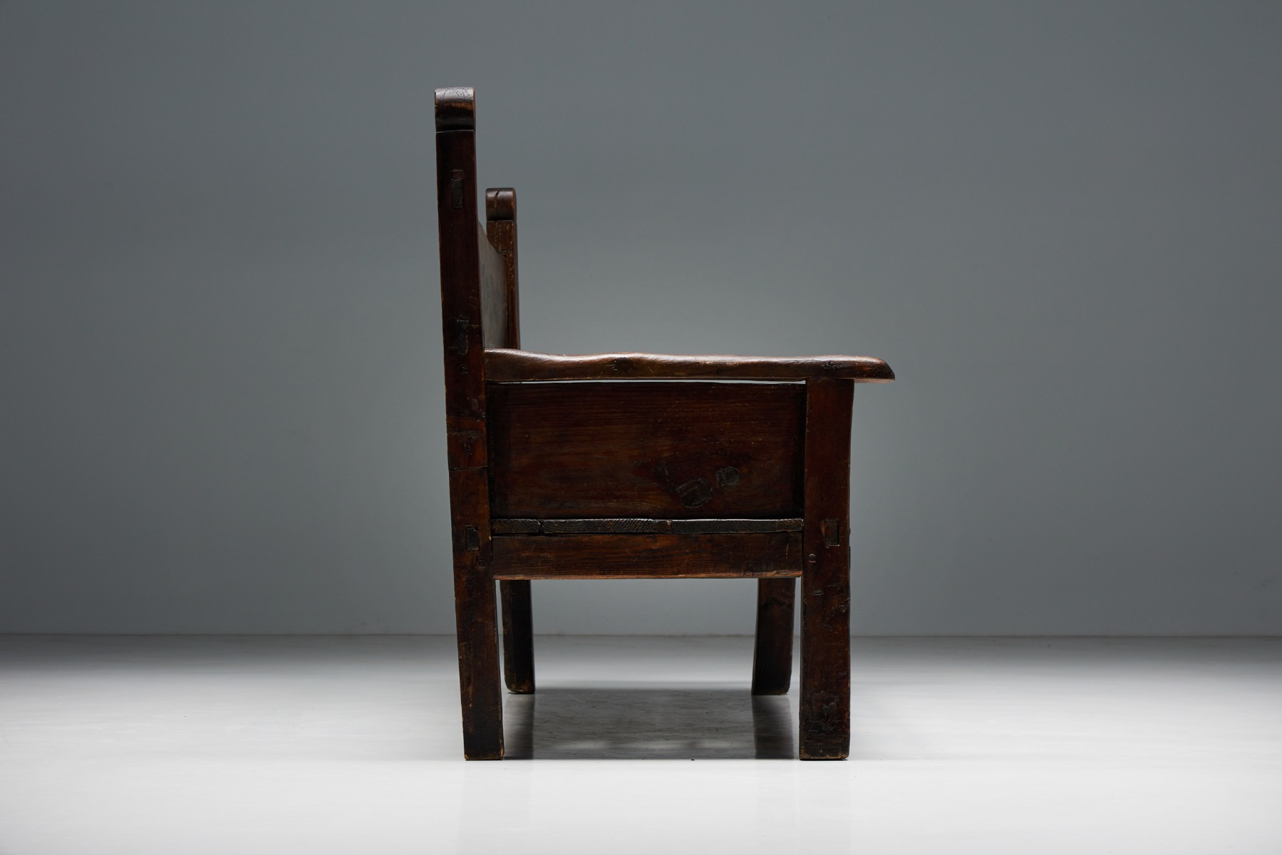Antique French folk bench in solid wood