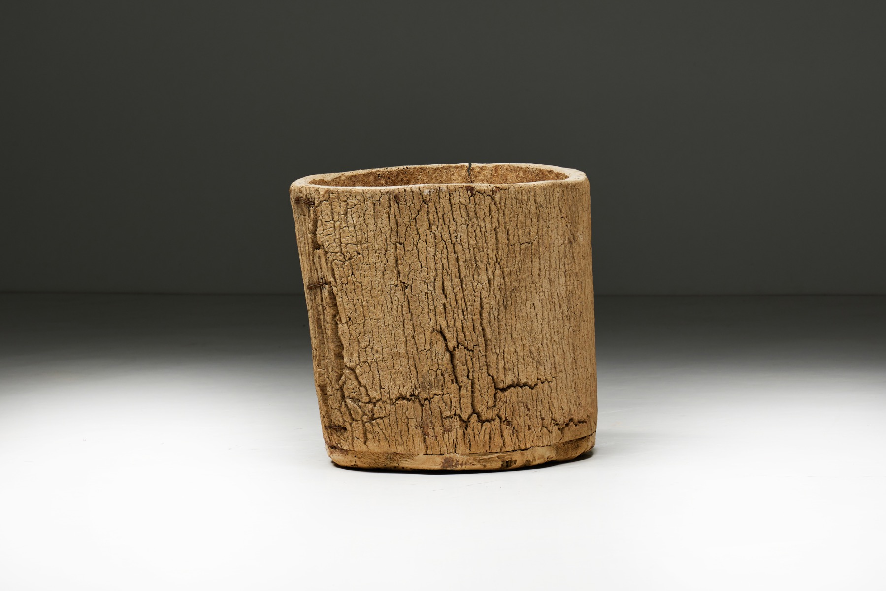 Antique hand carved tree trunk basket in wood