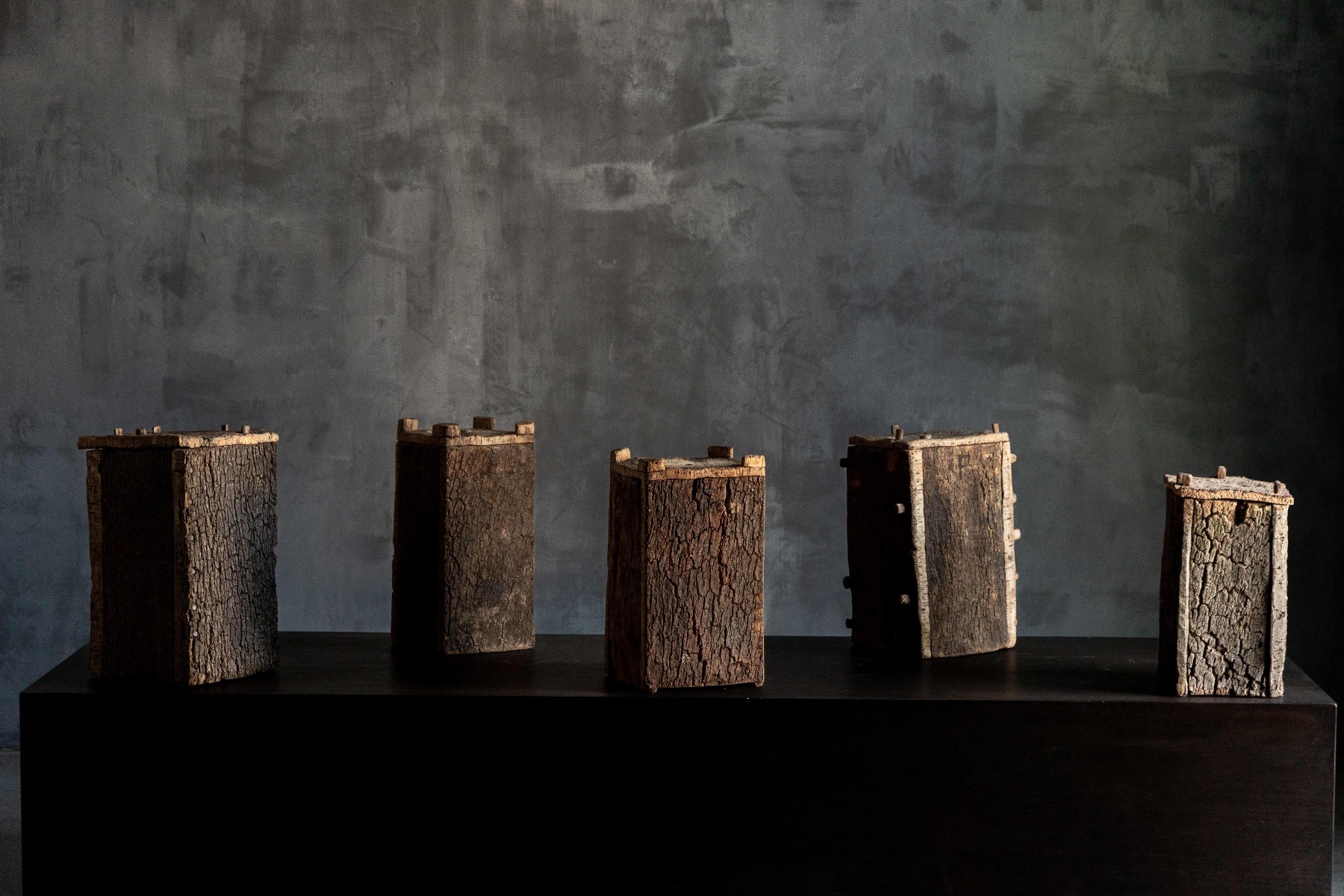 Antique wooden log beehives with rustic character