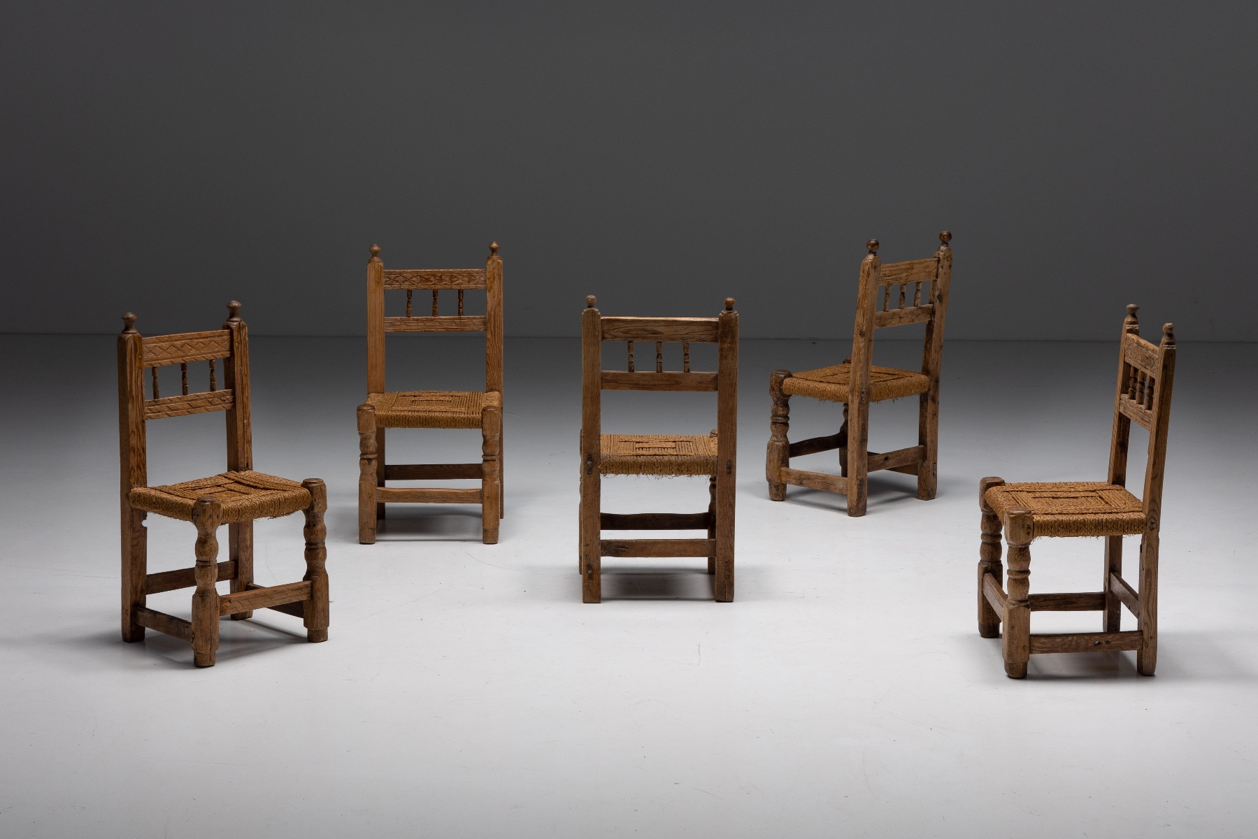 Antique dining chairs with straw seats in solid wood