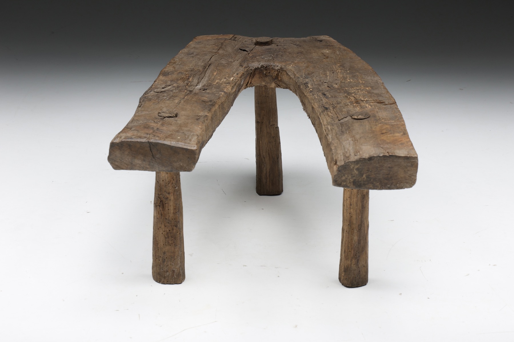Antique tripod stool side table in wabi sabi wood