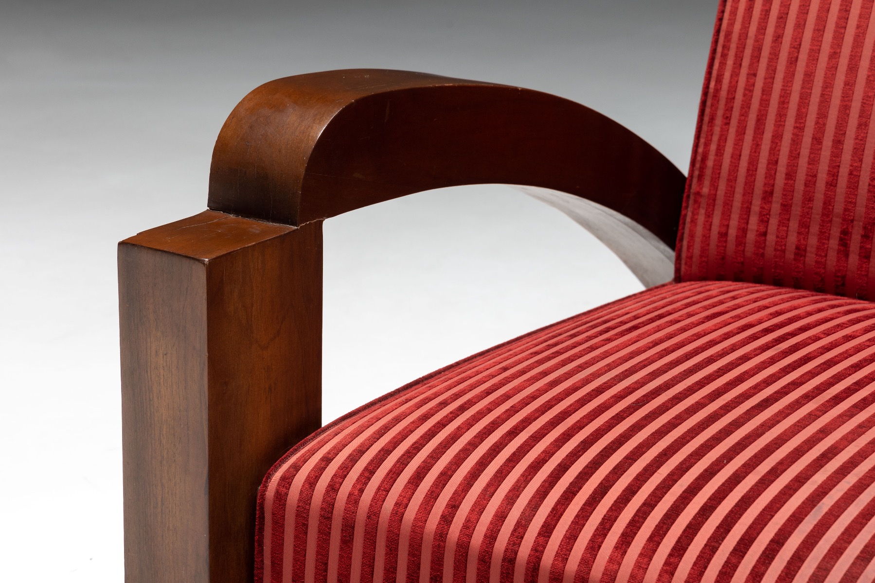 Art deco sofa in red striped velvet French from the 1940s design