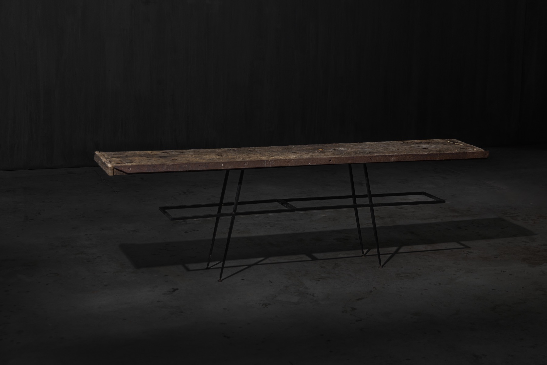 Contemporary console table with industrial Wabi Sabi aesthetic