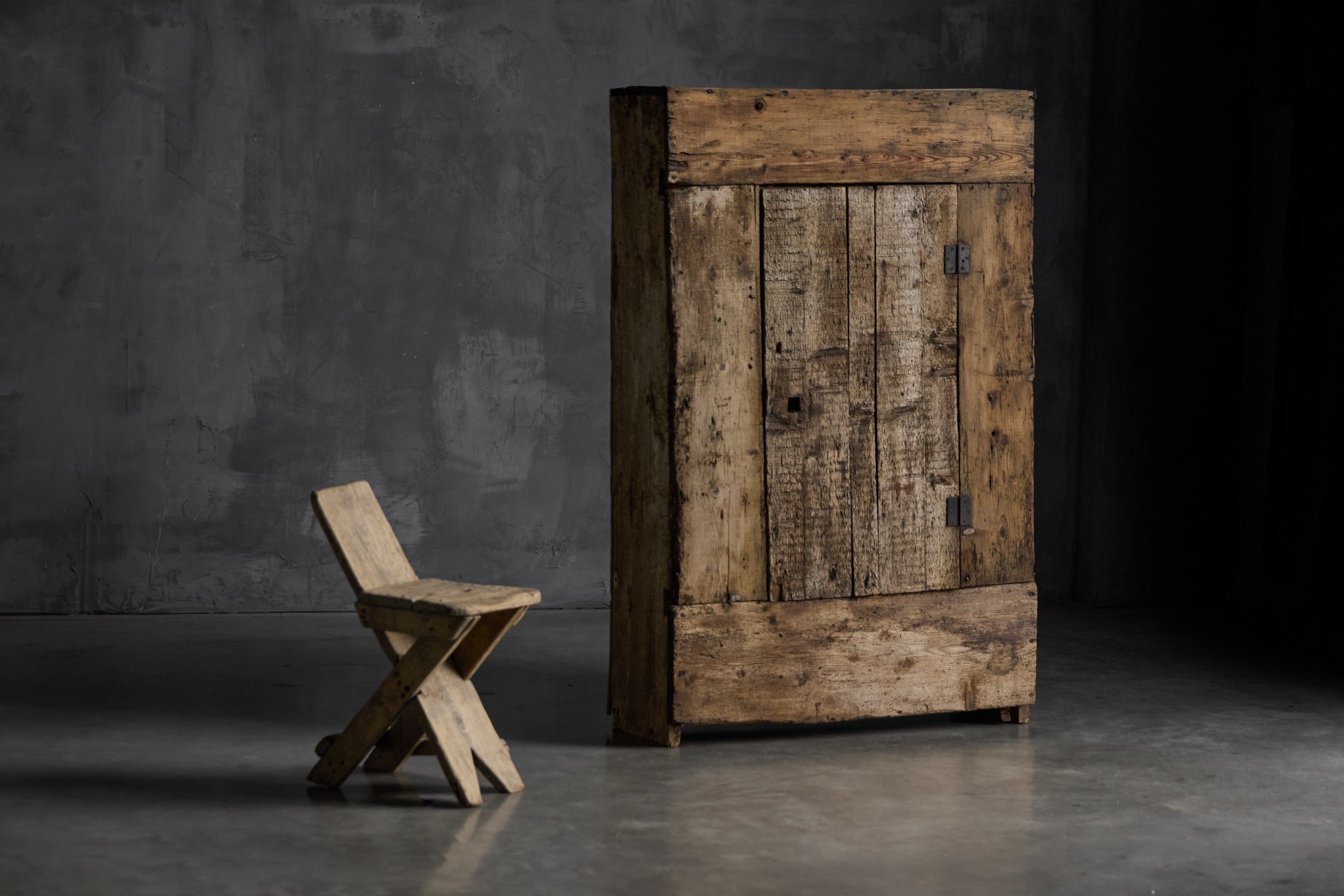 French rustic Art Populaire wood cabinet with expressive grain and age marks 