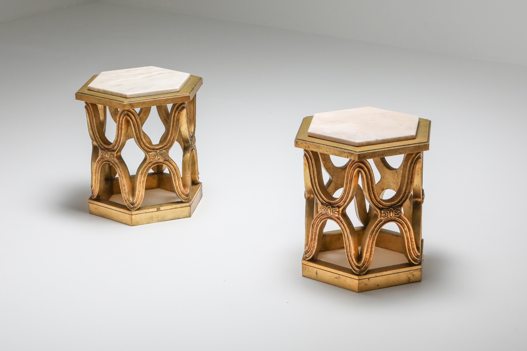 Giltwood side tables with marble top from the 1970s design