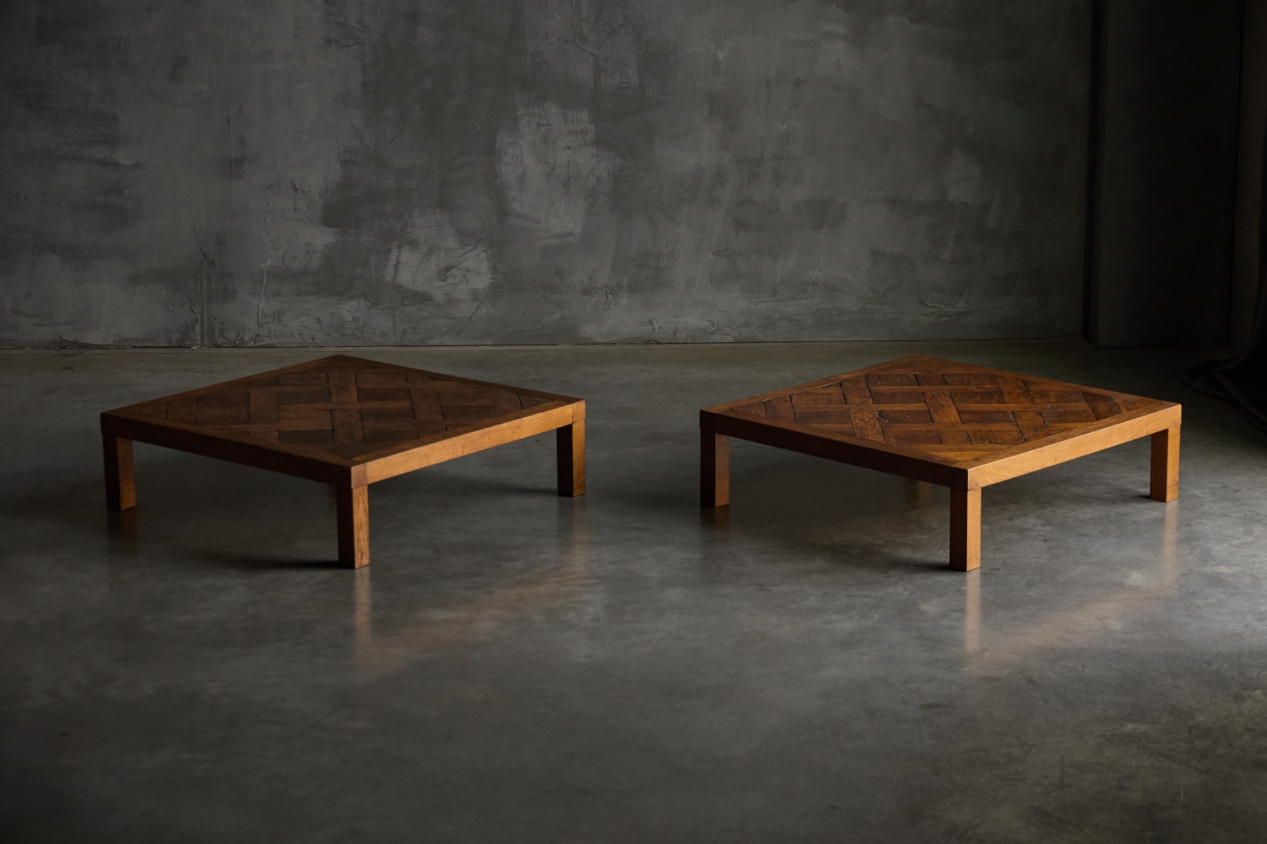 1970s brutalist coffee table with parquet wood top