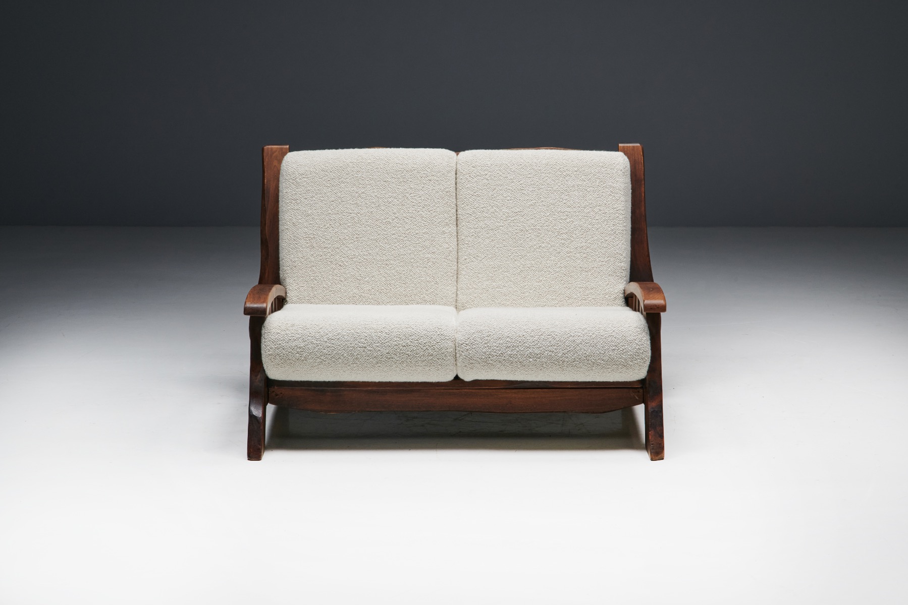 Pierre Frey boucle chalet sofa in walnut from the 1960s design