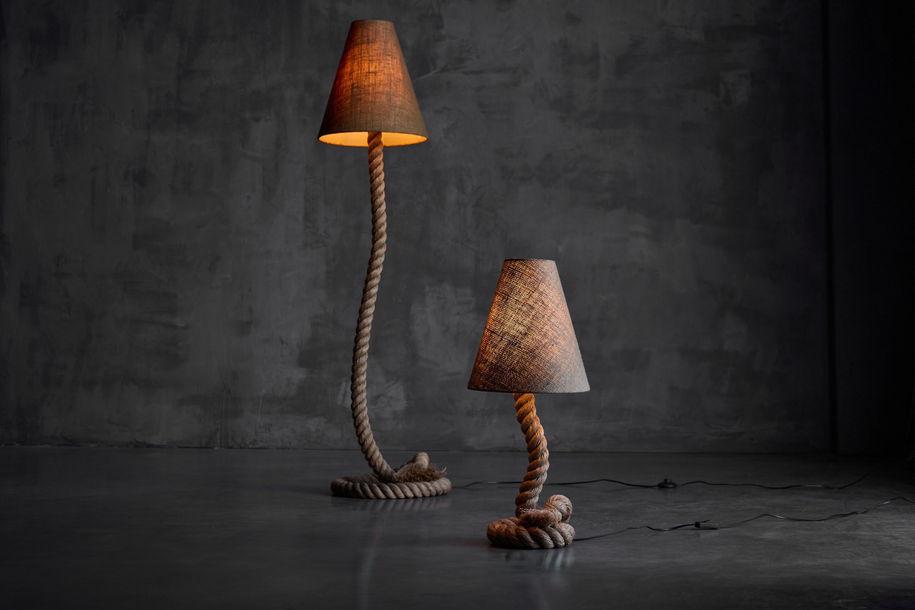 Vintage rope floor lamp featuring a natural jute shade