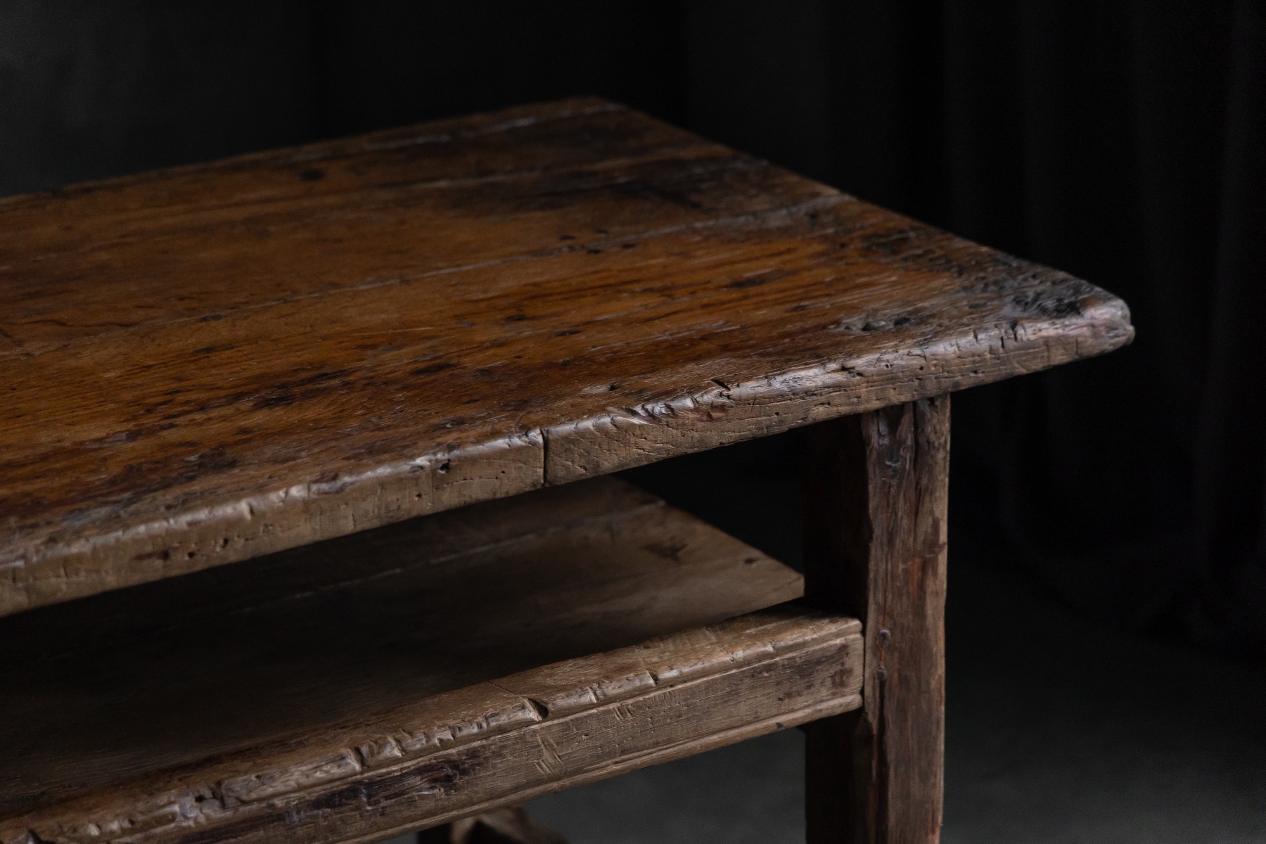 19th century rustic farmhouse worktable with wabi sabi character