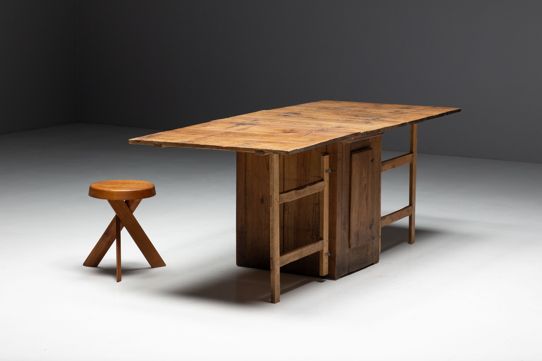 Antique rustic worktable with functional drop leaves