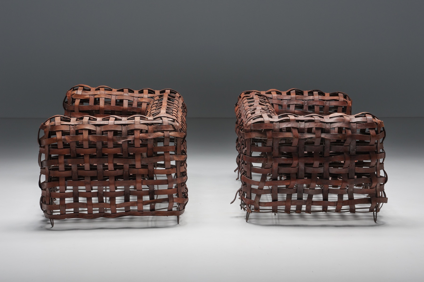 1950s sculptural leather sofa in woven design